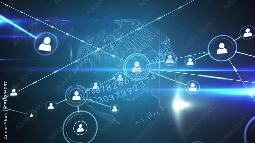 Poster thin line shooting left reaching globe core adding user icons linking visualizing global network