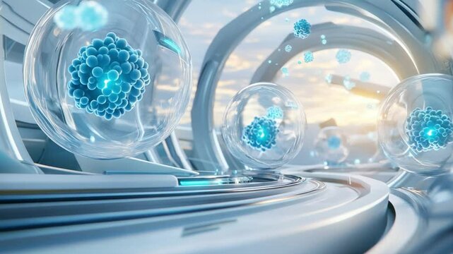 Abstract futuristic concept featuring translucent spheres with molecular structures and digital connections