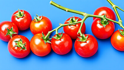 Vibrant organic cherry tomatoes arranged on a deep blue backdrop, Marble Red Holland heirloom variety, crayon drawing. isolated with white highlights