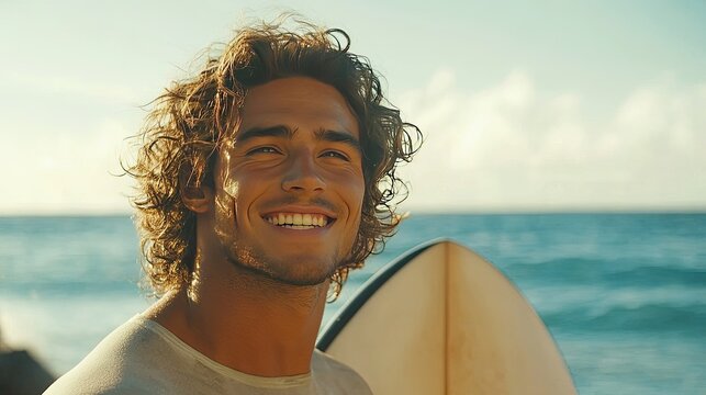 photo of A cheerful man with curly hair stands on the beach, holding a surfboard with a smile on his face. 