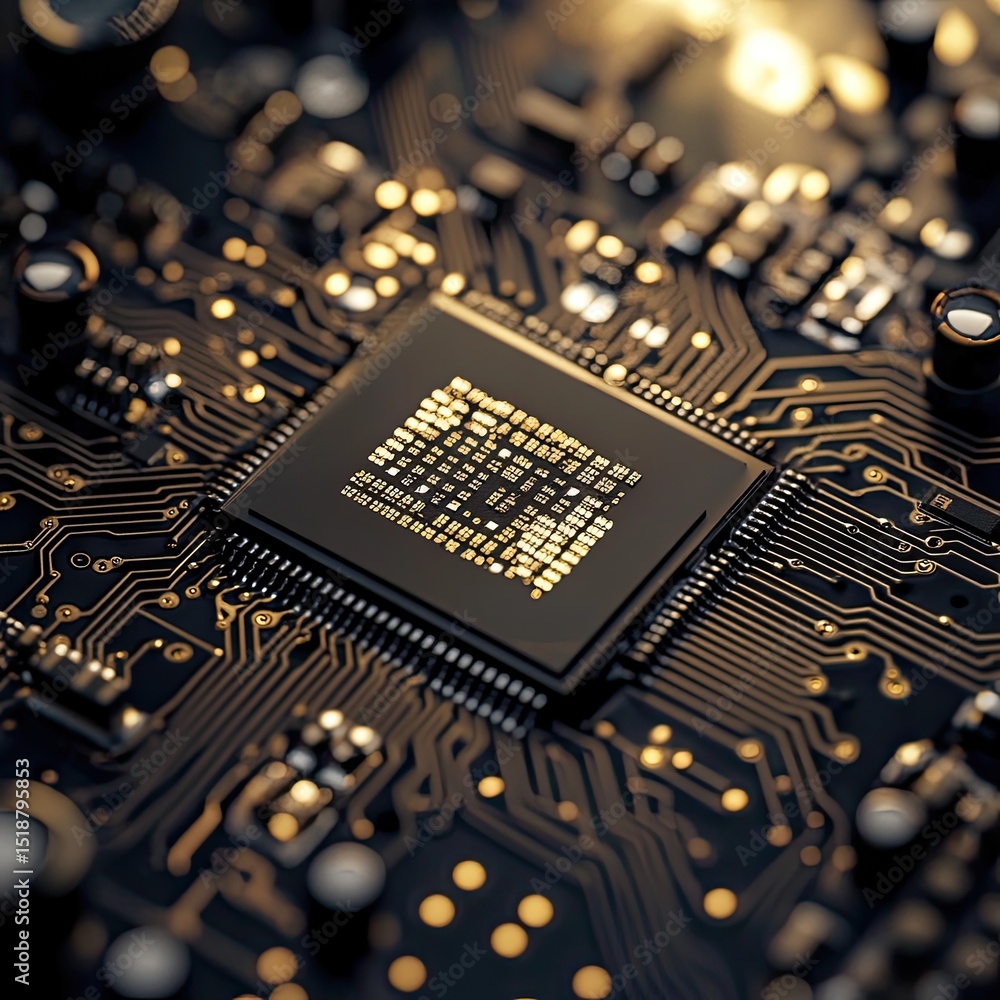 Poster intricate computer chip with glowing circuitry on a textured dark backdrop