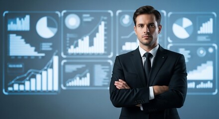 Confident Businessman Posing with Data Charts, Business and Financial Analysis Concept.