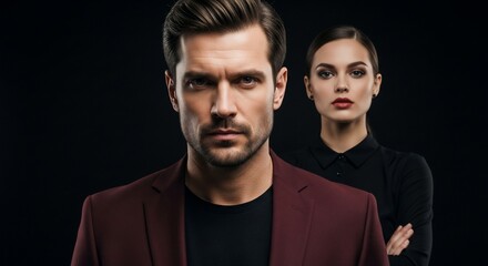 Obraz premium Confident Man in Maroon Blazer with Woman in Black, Dark Background