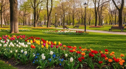 Colorful Tulip Beds and Green Lawns in a Peaceful Springtime Park Scene