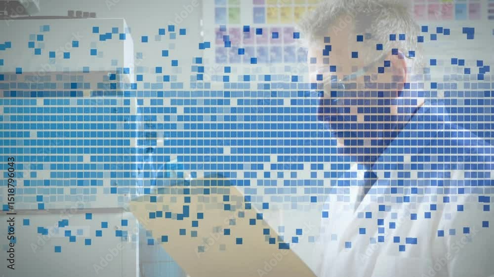 Poster mosaic overlay drifting, technician picking up clipboard ensuring data accuracy using chart in lab