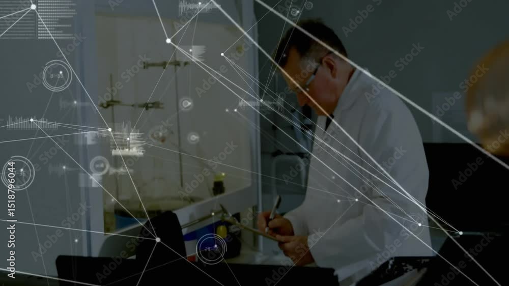 Poster senior scientist examining gauges and tuning valve activating overlay in tech lab for viewing data
