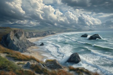 Fototapeta premium Breathtaking Coastal Seascape with Rugged Cliffs and Ocean Waves at Sunset