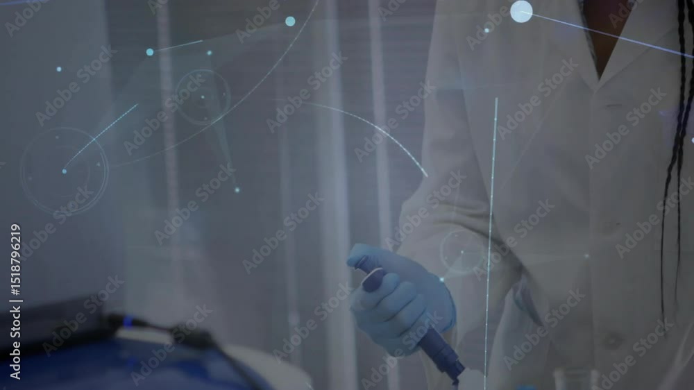 Poster scientist reaching for pipette and drawing sample for lab test with network graphics intensifying
