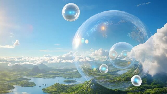 Serene Landscape with Lush Green Hills and Clouds Under a Bright Blue Sky with Sphere Overlay