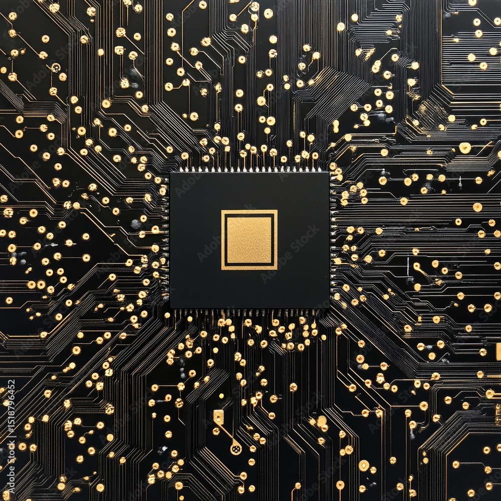 Poster microchip with complex circuitry, golden contacts and connections around center