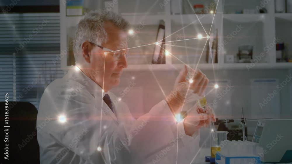 Aufkleber senior researcher reaching pipette, preparing sample for lab testing while network overlay pulsing