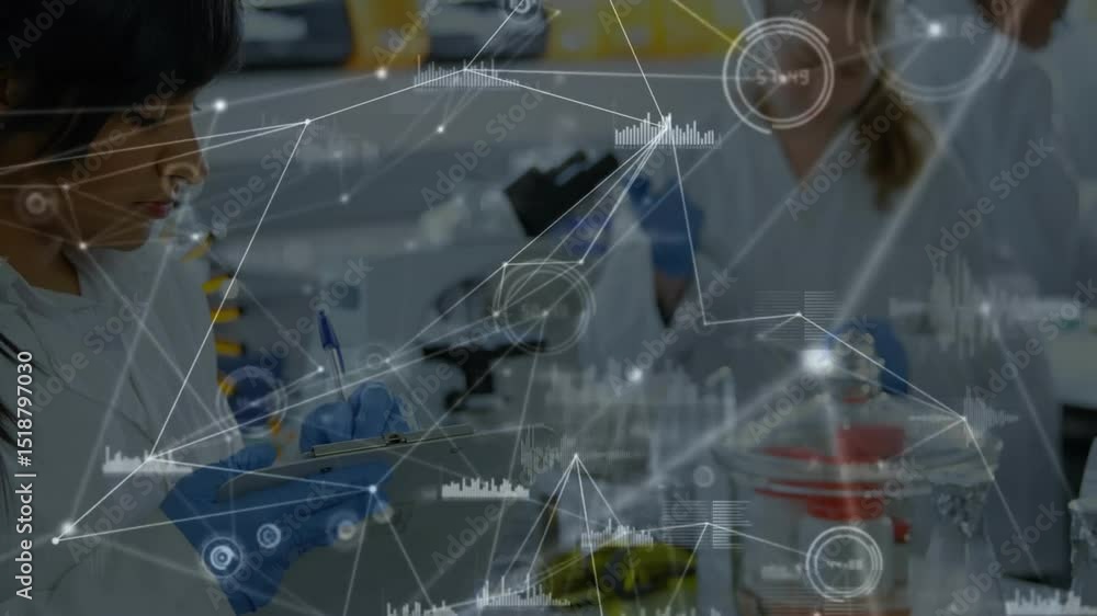 Poster gloved lab researcher pipetting and tapping tablet recording data causing network overlay pulsing