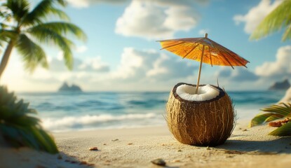 Tropical coconut drink with tiny umbrella on beach