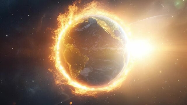 Stunning View of Earth Surrounded by Glowing Ring of Fire Against the Cosmic Background