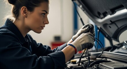Focused Female Mechanic Inspecting Car Engine Wiring with Protective Gloves in Workshop