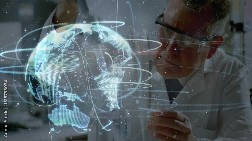 Poster senior scientist depressing pipette plunger in lab projecting hologram globe mapping connections
