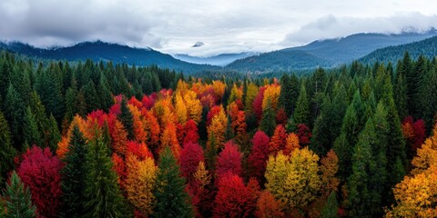 Aerial photography of dense forest in autumn, with vibrant red, orange, and yellow foliage