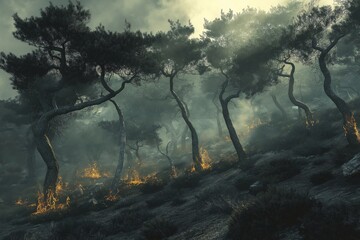 Eerie Enchanted Forest. Tangled Trees, Foggy Atmosphere, and Autumn Colors in a Mystic Landscape