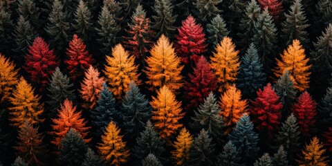 Aerial photography of dense forest in autumn, with vibrant red, orange, and yellow foliage