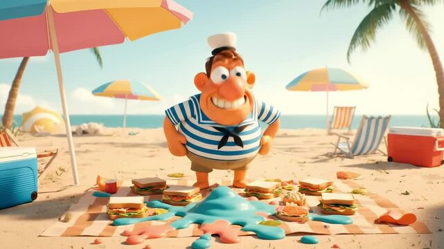 A cheerful cartoon character in a sailor outfit joyfully surveys a messy picnic of spilled food on a sunny beach with palm trees in the background - puke cartoon