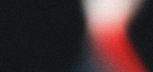 Red white abstract blurred gradient shape black grainy background, noise texture banner backdrop design, copy space