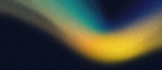 Yellow blue abstract blurred gradient shape, black grainy background, noise texture banner backdrop design, copy space