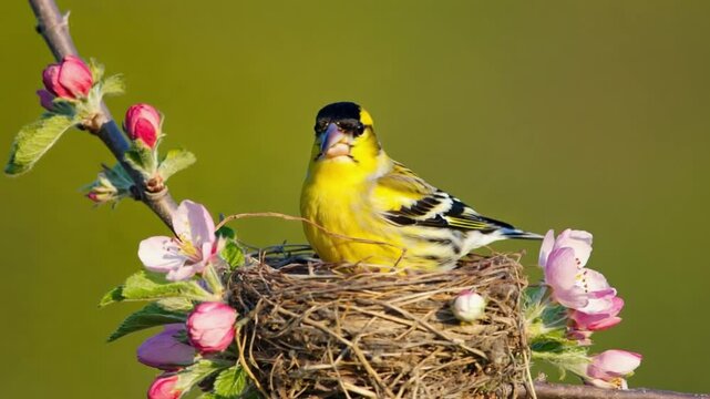 A siskin bird perched in a nest with blooming apple tree branches