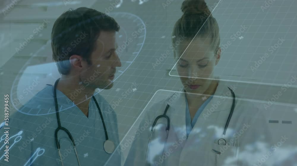 Poster he pointing at tablet while she scrolling patient info for review with floating medical icons