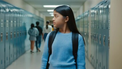 A young Indian girl with a navy backpack stops at metal lockers during class change. Concept of independence and back-to-school anticipation - Powered by Adobe