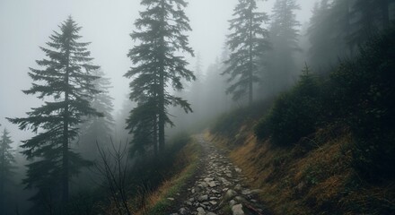 Misty Forest Path Leading Through Tall Pine Trees in Overcast Weather