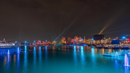 Panorama showing Riyadh Boulevard World entertainment park with largest artificial lake timelapse. Riyadh. Saudi Arabia