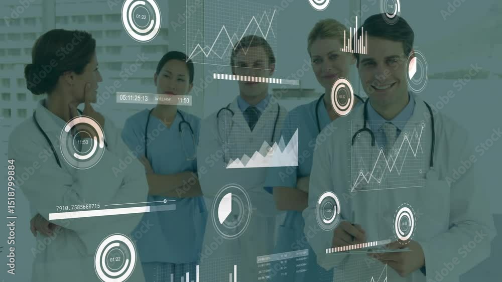 Poster medical team activating ar display monitoring gauges and line graphs for diagnostic decisions