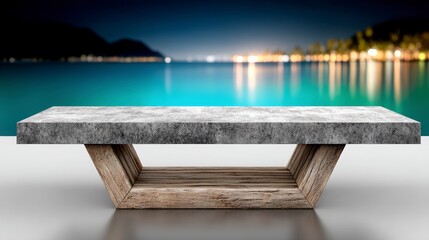 Concrete   Wood Tabletop  Night Seascape Background  Product Display