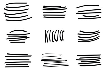 Vector swish swoosh squiggle lines set. Line pen brush marker stroke underline vector set. Hand drawn doodle sketch pen brush stroke scribble underline. 