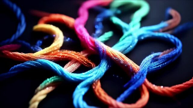 A continuous loop of colorful threads weaving themselves into shifting patterns &mdash; forming, breaking, and reforming into symbols from various world cultures