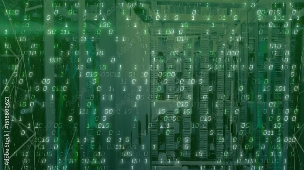 Aufkleber upon initialization server rack receiving cascading green binary digits illustrating fast data flow