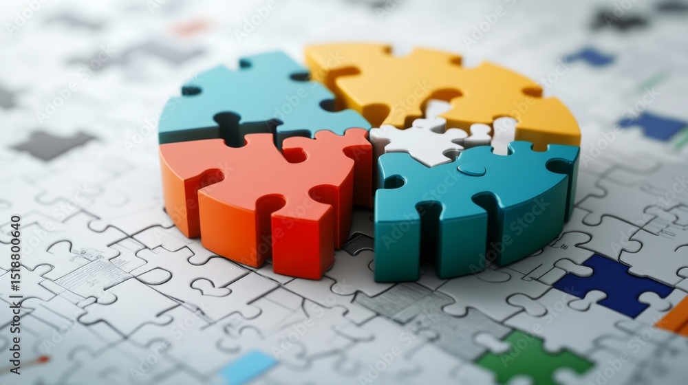 Poster d pie chart made of puzzle pieces, with each piece slightly lifted, symbolizing data integration