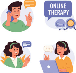 various aspects of online therapy and digital communication, including individuals using phones and laptops for remote consultations and discussions