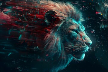 Neural surrealism, futuristic glitch aesthetics, real chrome lion in deep dark space, cute, hyperrealistic, prism, HD, 4k	