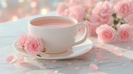 Fototapeta premium Elegant Pink Teacup Roses Marble Table Cinematic Still Life