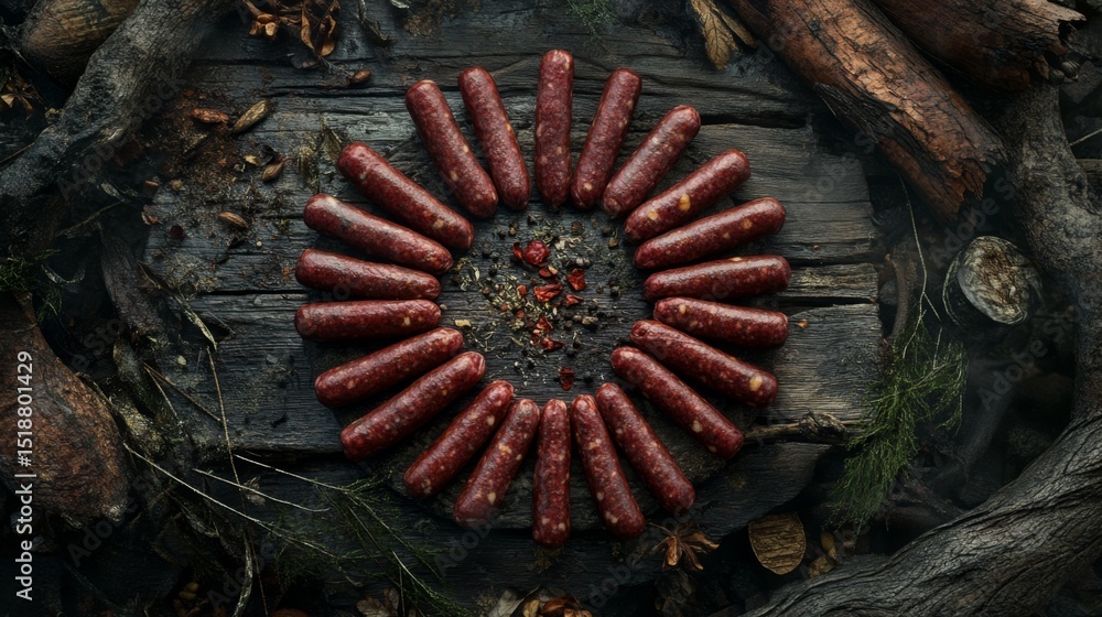Poster an artistic composition of raw sausages neatly arranged on a rustic wooden surface, with seasonings 