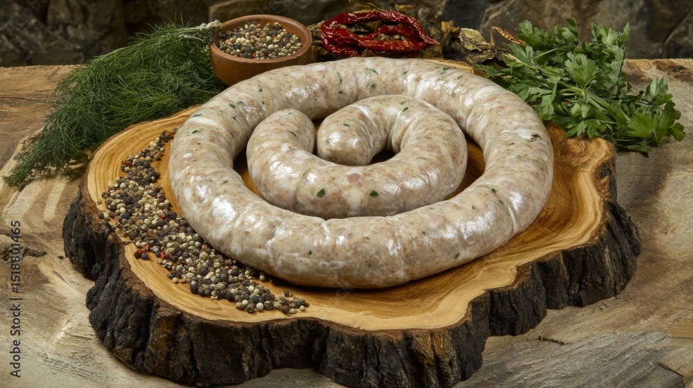 Poster an artistic composition of raw sausages neatly arranged on a rustic wooden surface, with seasonings 