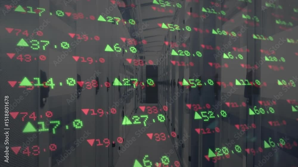 Poster upon camera gliding through server aisle, live data overlay flickering and updating market metrics
