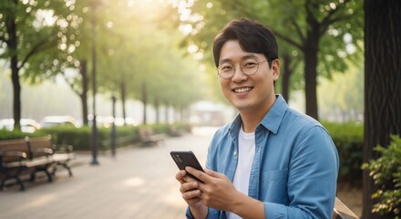 Smiling Asian Man in Park Holding Phone with Sunny Bokeh Background