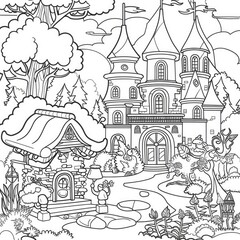 Obraz premium Detailed coloring page of a fairytale castle and cottage in a forest.