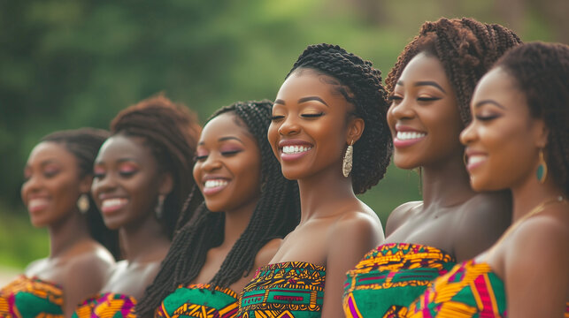 Group of smiling women in African print dresses at Panafest Festival, embracing unity, pride, and beauty in celebrating African identity and the power of cultural reconnection