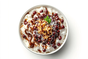 A photorealistic top-down view of a Korean bingsu with shaved ice