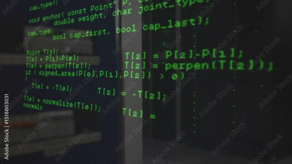 Poster opening shot revealing green c++ code scrolling through blocks while camera panning across servers