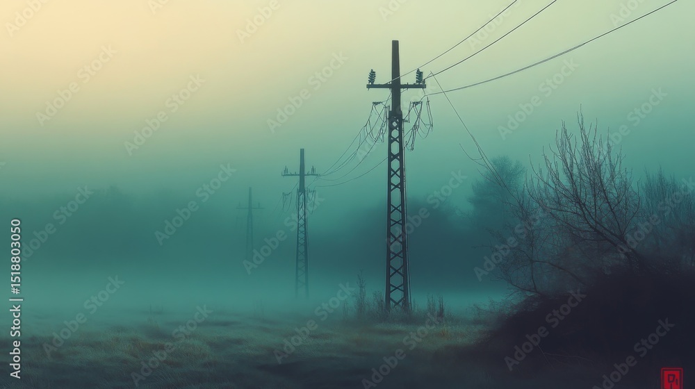 Aufkleber a captivating image of electricity poles standing tall in a foggy landscape, with the mist envelopin