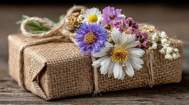 Rustic Gift Box with Dried Flowers  Burlap Packaging  Cinematic Lighting